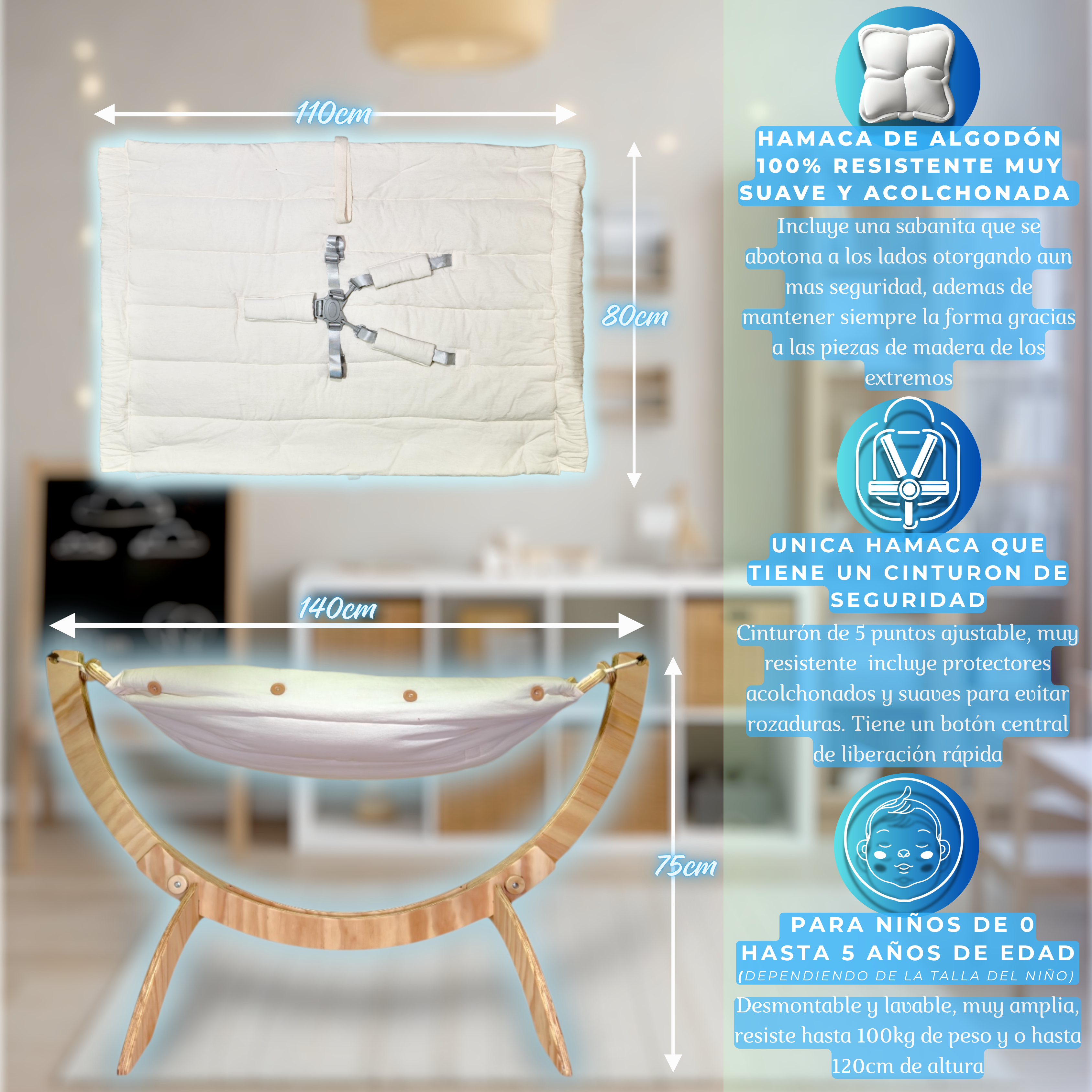 Hamaca para niños con base de madera plegable (Hasta 5 años)