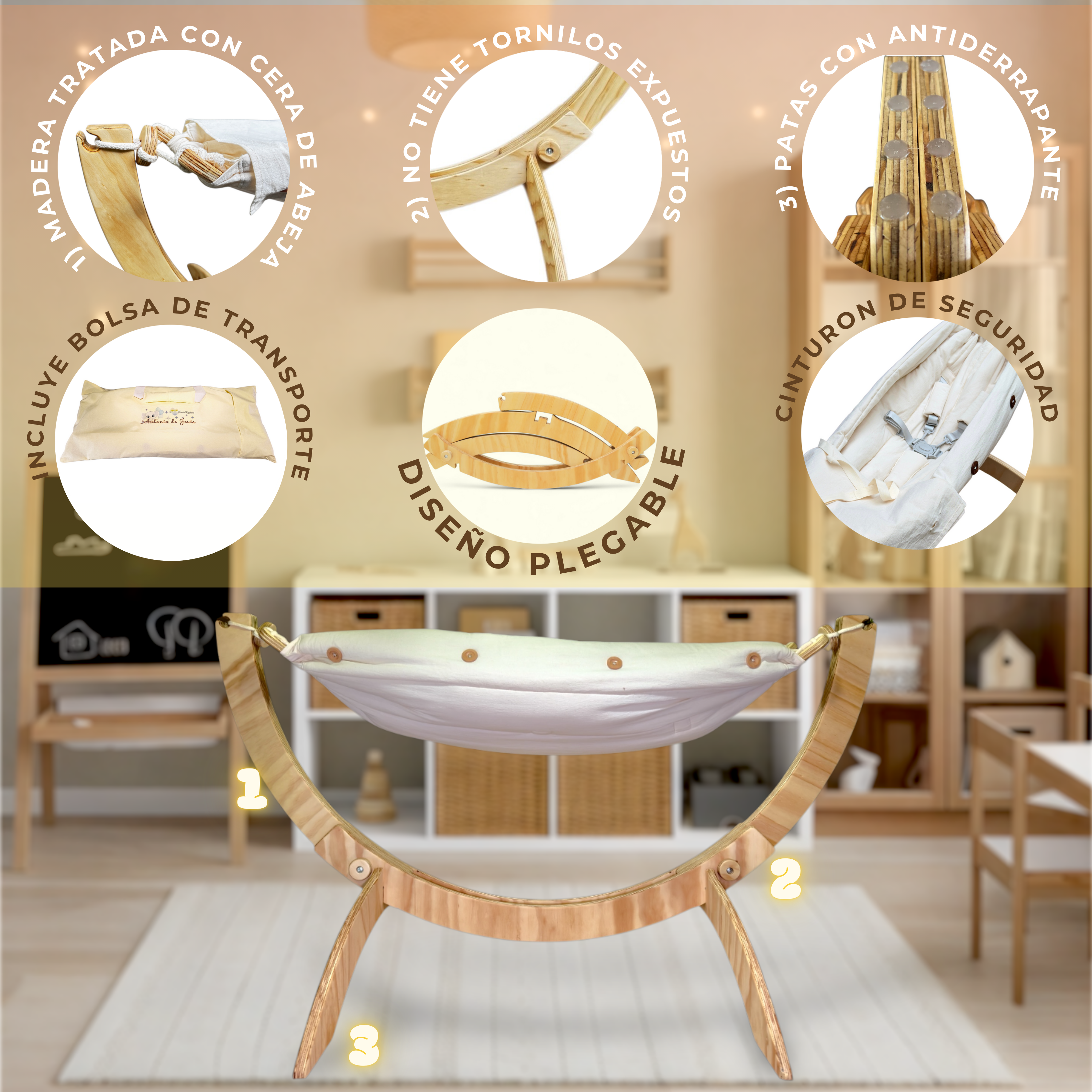 Hamaca para niños con base de madera plegable (Hasta 5 años)