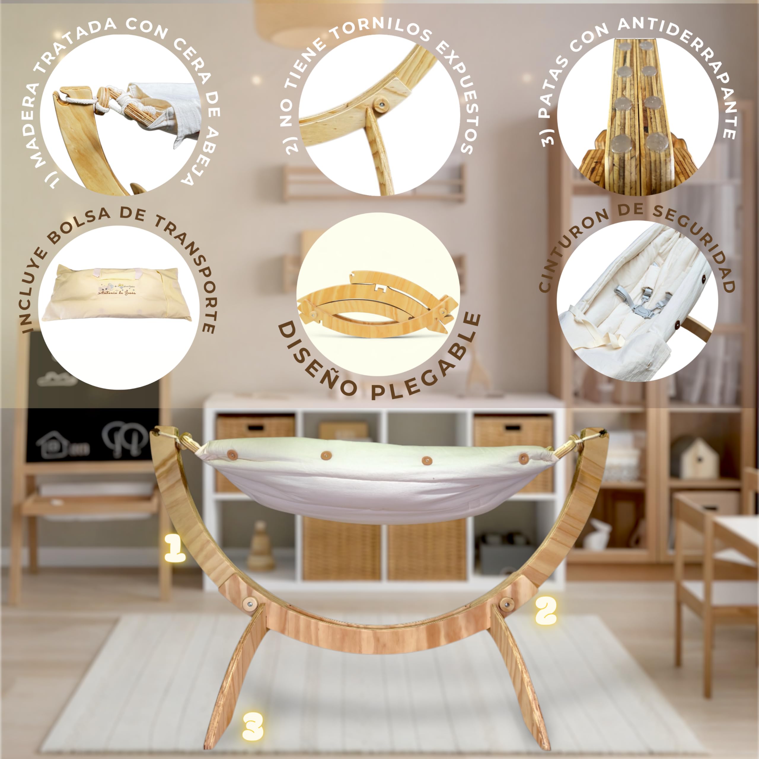 Hamaca para niños con base de madera plegable (Hasta 3 años)