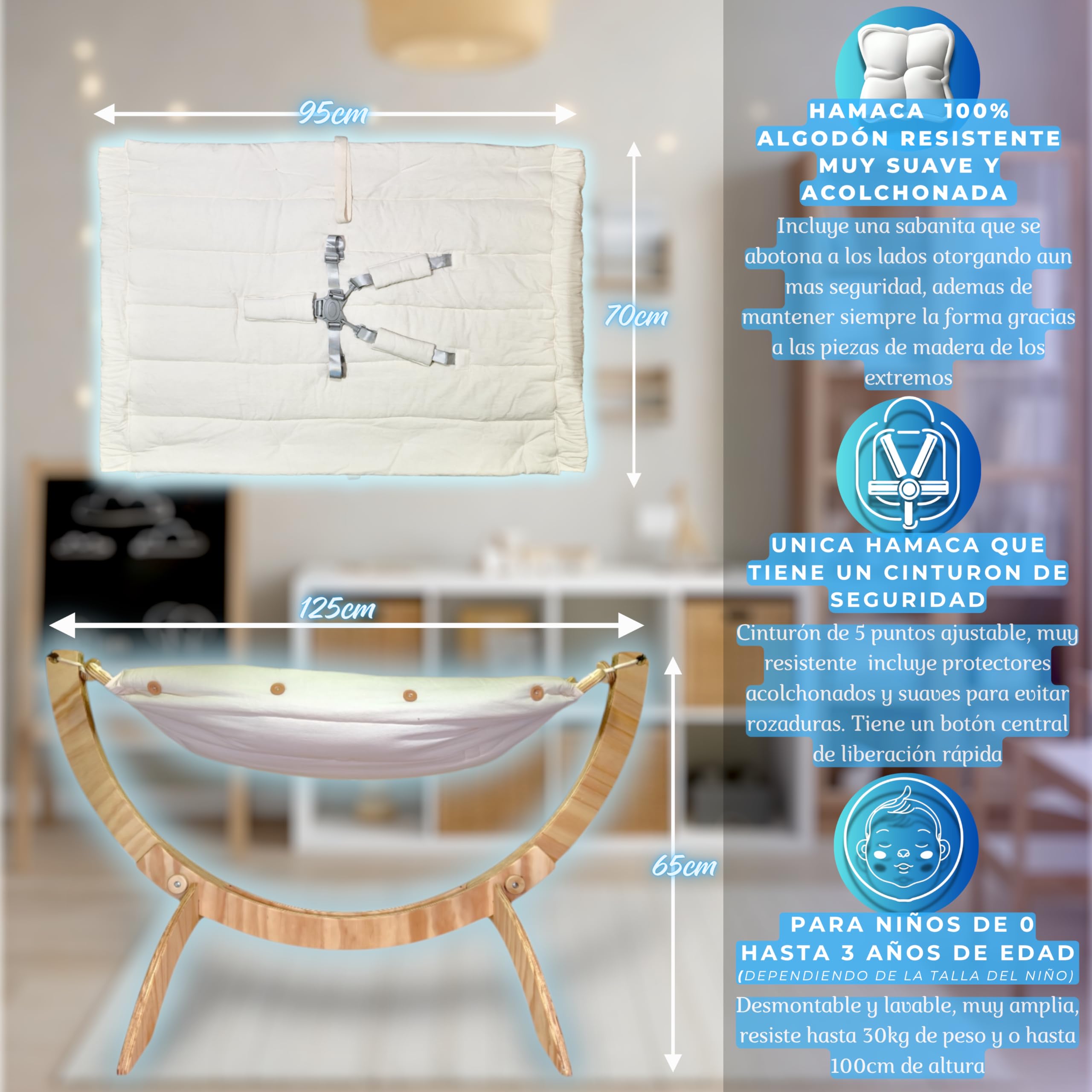 Hamaca para niños con base de madera plegable (Hasta 3 años)