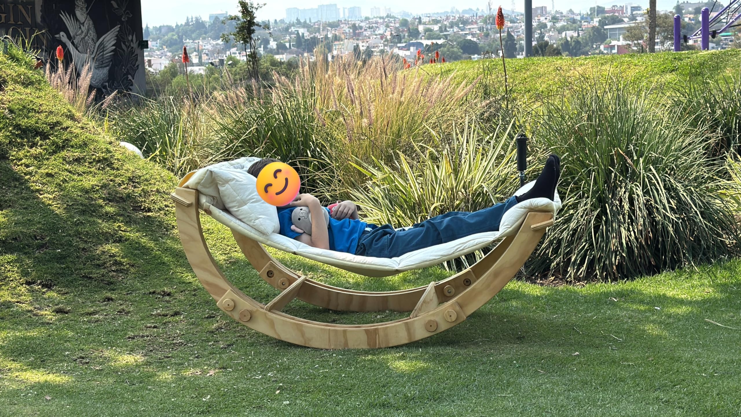 Hamaca Mecedora Infantil de Madera, Base Plegable, Tela de Algodón, para Niños de 3-12 Años, Color Natural